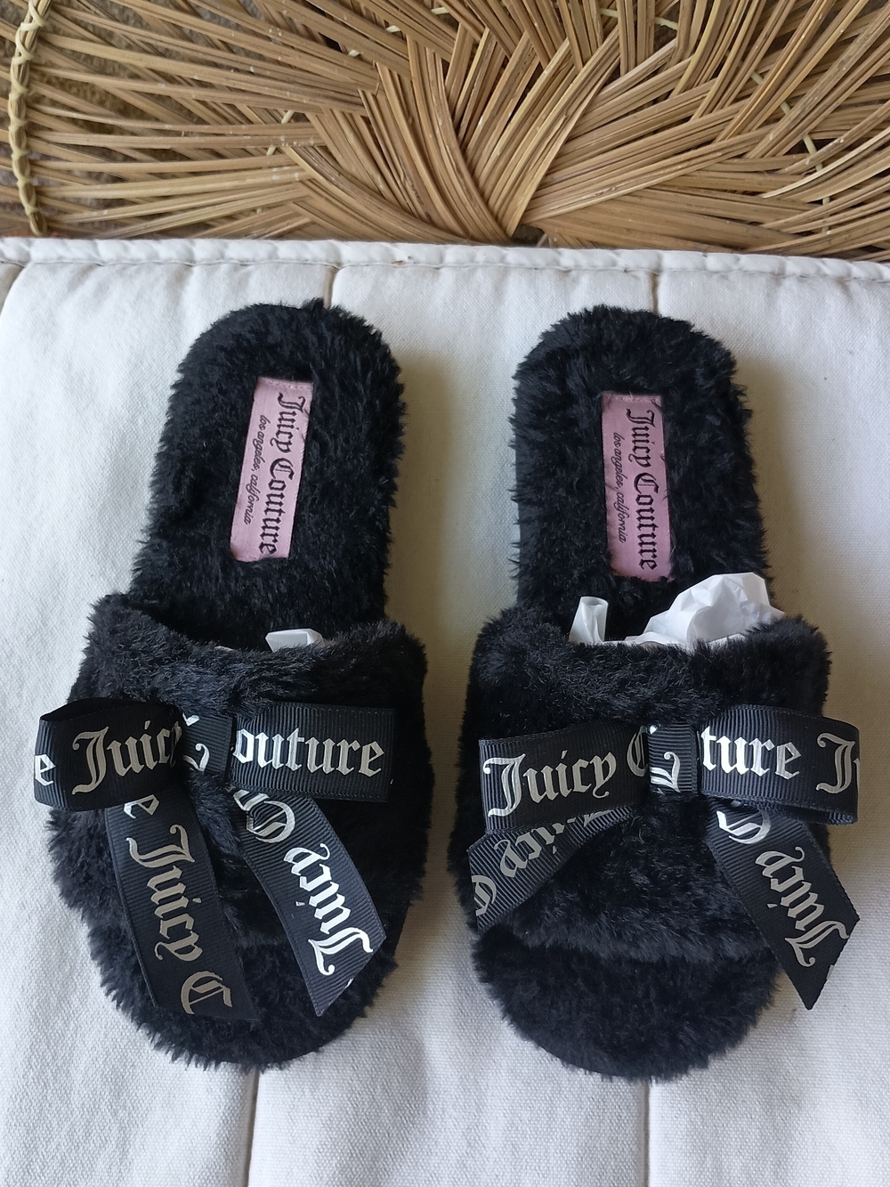 Juicy Couture Heirloom Black Faux-Fur Slide Slippers with Logo Bow